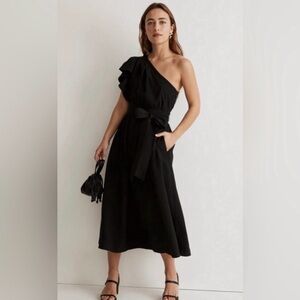 One-Shoulder Black Midi Dress with Tie Waist